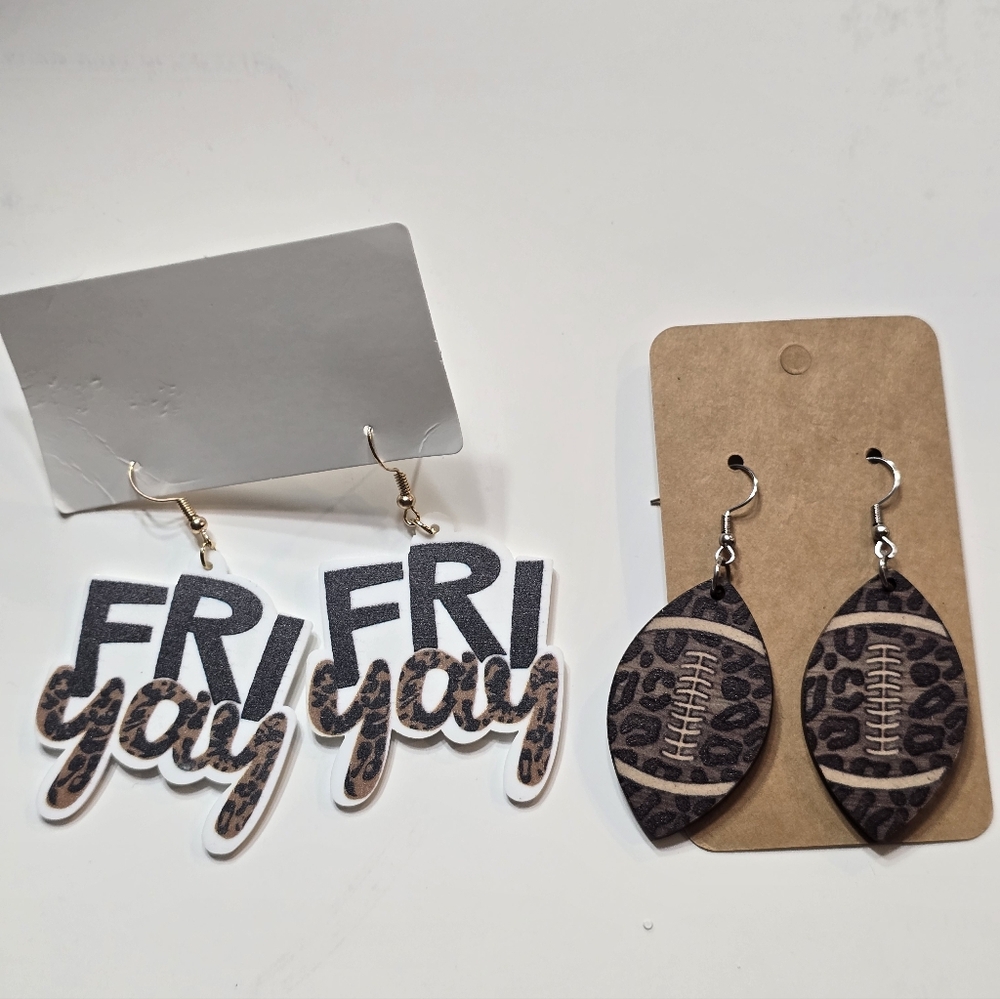 Football Leopard Earrings NEW Set Of 2 Dangle GIFT Athletic Acrylic Wood Sports